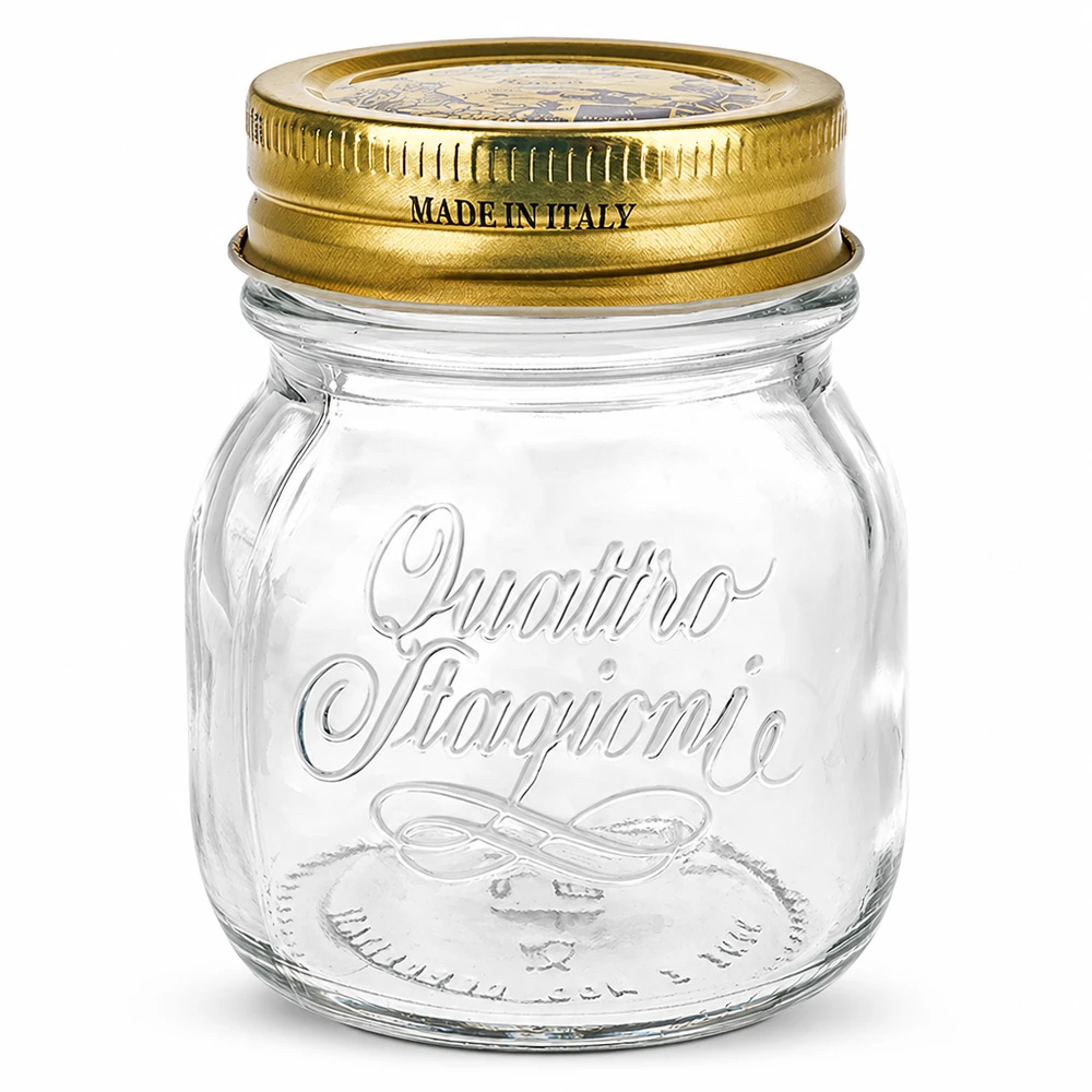 Verre rond 150ml « Quattro Stagioni » avec couvercle Pot rond Quattro Stagioni de 150 ml avec couvercle doré Made in Italy pour la mise en conserve et la conservation