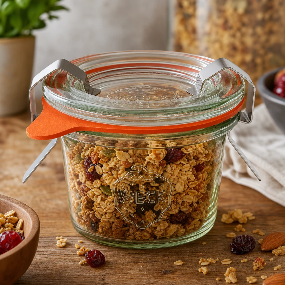 WECK Pot renversé 35ml RR40 rempli de céréales et de fruits secs montre une utilisation polyvalente comme pot de stockage