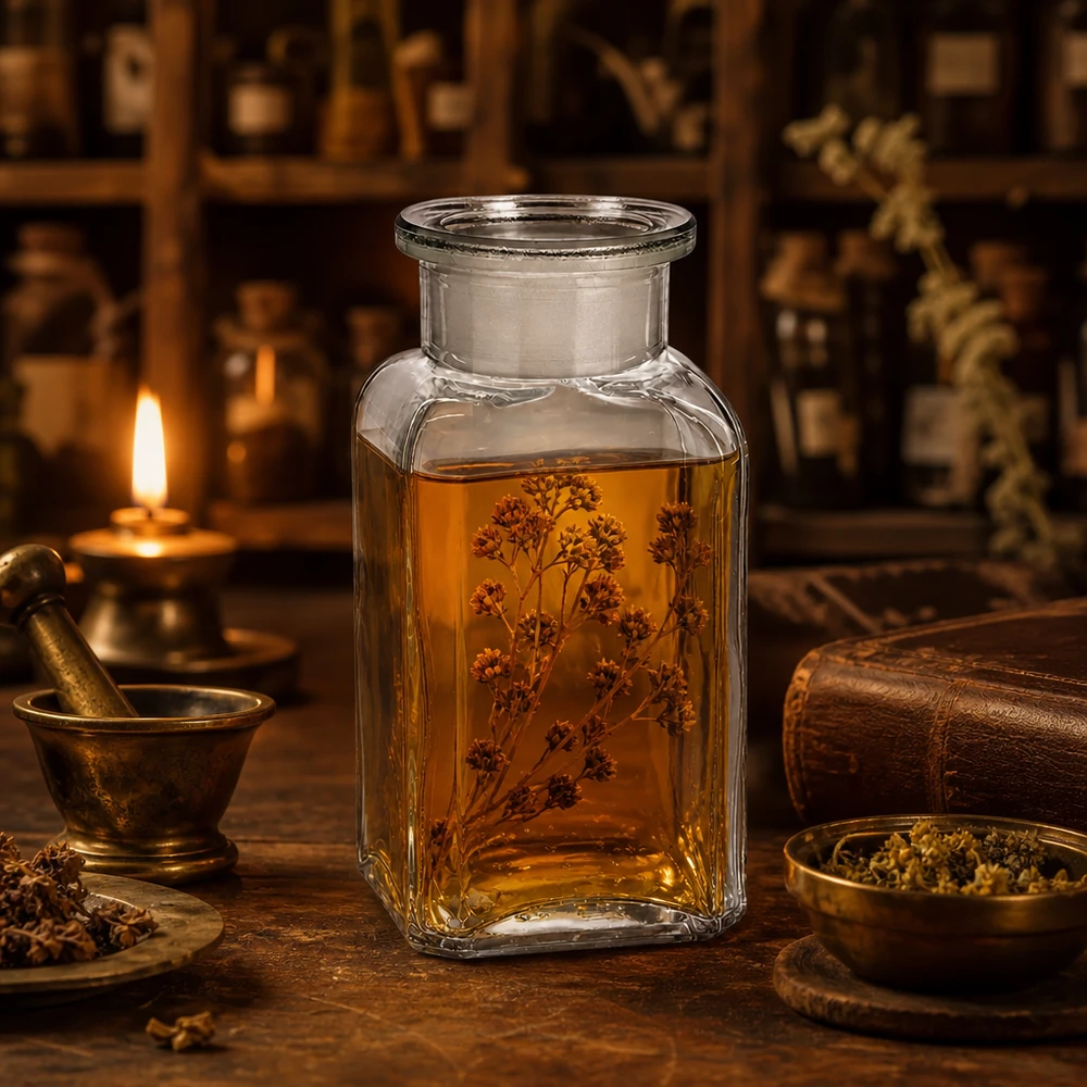 Flacon carré col large 100 ml + bouchon RIN, verre clair Flacon de pharmacie de 100 ml, à col large, carré et transparent, contenant un extrait de plantes, dans un décor de pharmacie d'époque