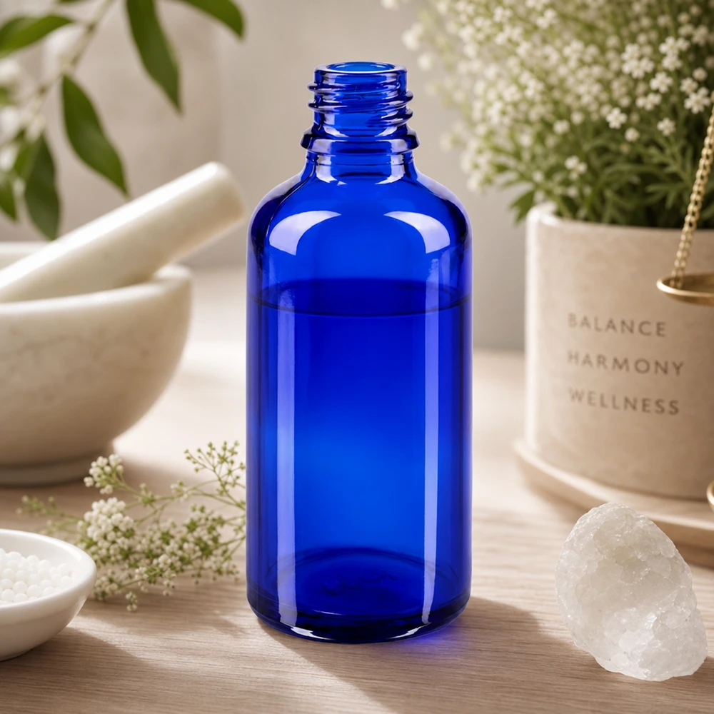Bouteille en verre bleue élégante de 50 ml ApoGlas avec forme classique de pharmacien pour les préparations de haute qualité