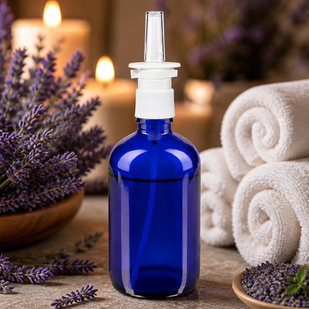 Flacon de spray nasal en verre d'apothicaire bleu de 100 ml avec une buse blanche, devant des fleurs de lavande et des bougies