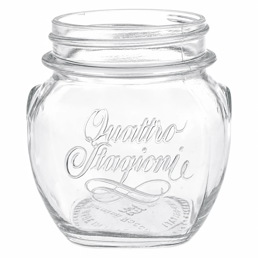 300ml Verre rond "Quattro Stagioni" QS70mm 300ml Quattro Stagioni Pot de conservation en verre transparent avec logo en relief et filetage pour la conservation