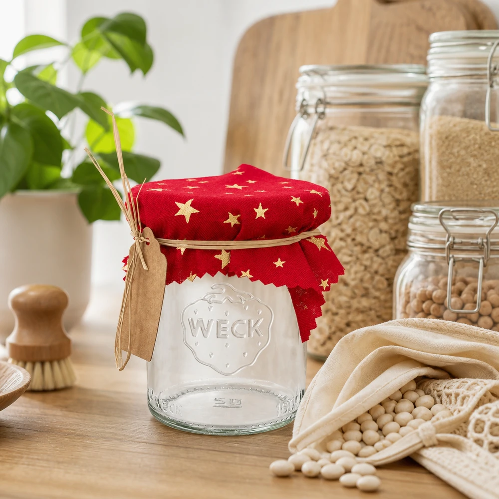 Couvercle décoratif rouge avec étoiles 12cm sur verre WECK dans la cuisine durable Zero-Waste avec légumineuses