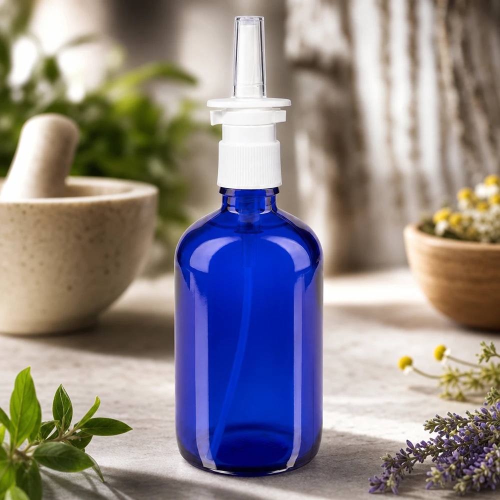 Flacon en verre bleu de 100 ml muni d'un embout de spray nasal, placé entre le pilon de Morse et les coupelles à herbes