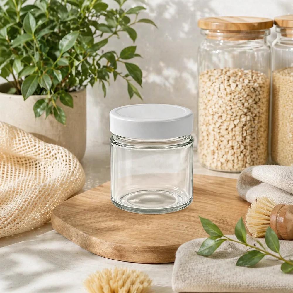 135ml Verre rond BasicSeal Couvercle blanc durable Zero Waste Lifestyle Couvercle en bambou Planche en bois Organisation de la cuisine