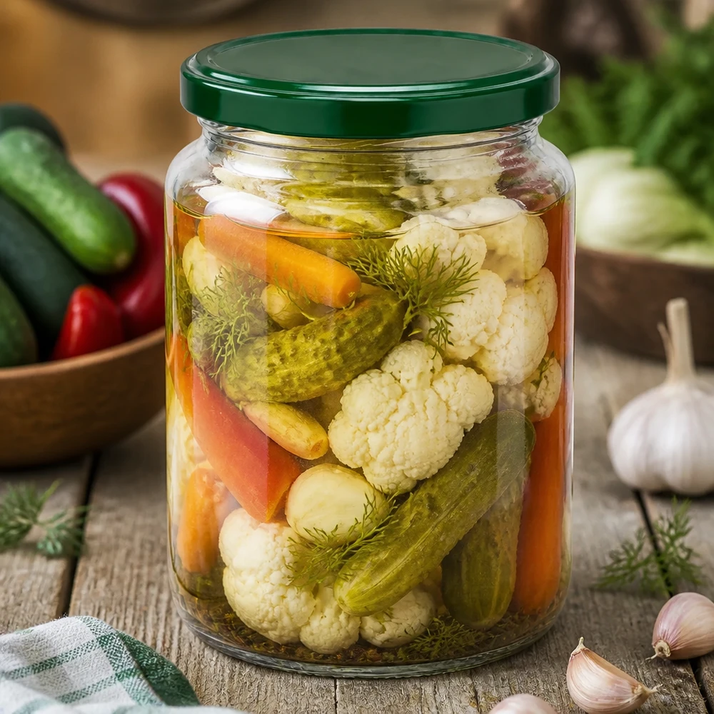 UNiTWIST Pot rond 795ml avec légumes mixtes et aneth marinés - couvercle vert BasicSeal pour la mise en conserve et la fermentation