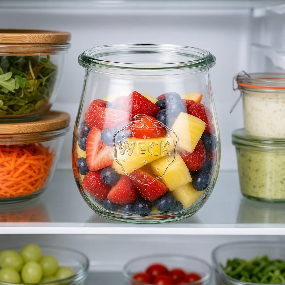 220ml bocal tulipe WECK RR60 WECK Pot tulipe 220ml RR60 dans le réfrigérateur avec salade de fruits fraises myrtilles ananas comme conteneur Meal Prep