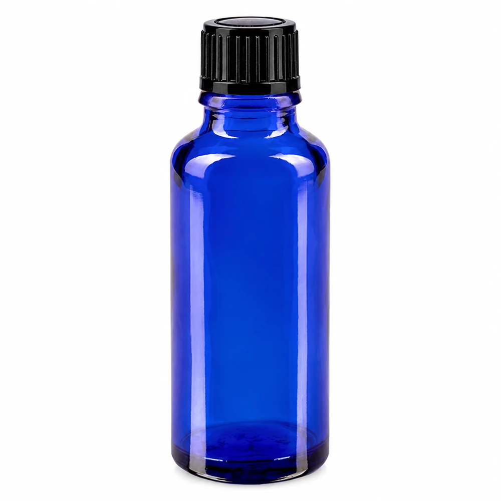 Flacon de pharmacie en verre bleu de 30 ml avec bouchon standard noir de 11 mm