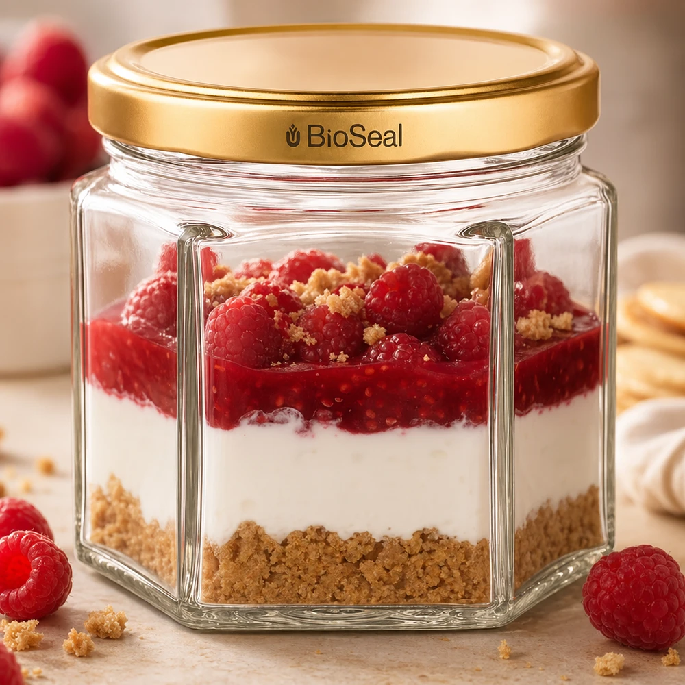 47ml Verre hexagonal avec couvercle BioSeal or UNiTWIST UNiTWIST Hexa47 avec couvercle BioSeal doré comme verre à dessert rempli d'un dessert à couches de framboises et de vermicelles