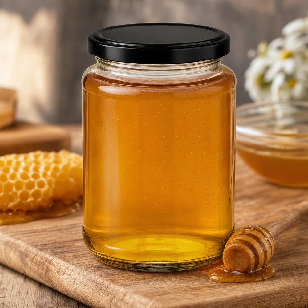 382ml Verre rond avec couvercle BasicSeal noir UNiTWIST 382ml Verre rond BasicSeal noir aspect bois rustique avec nid d'abeille Dipper miel apiculture traditionnelle produit naturel