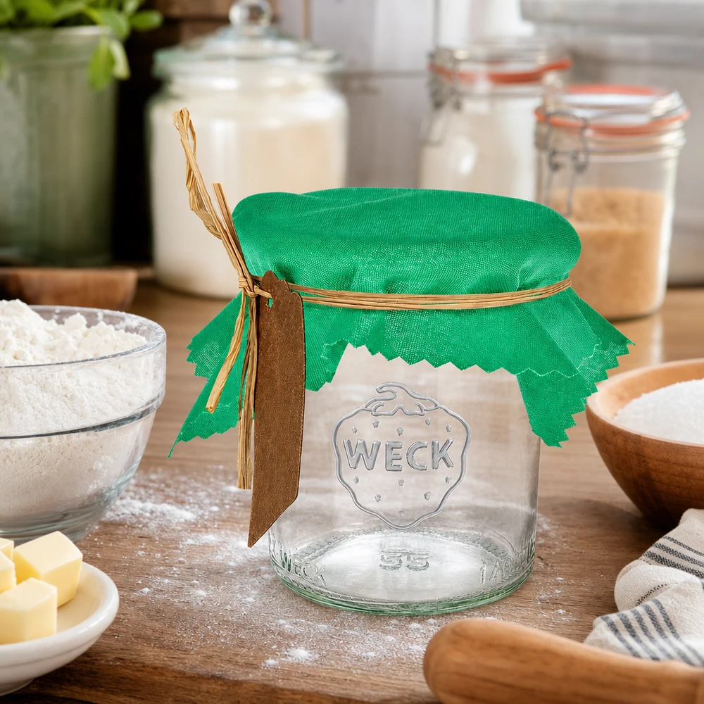 Tissu napperon pour décoratif verte 12cm carré Couvre-bijoux en tissu vert 12cm carré avec noeud en raphia sur bocal entre les ingrédients de cuisson et les bols de farine