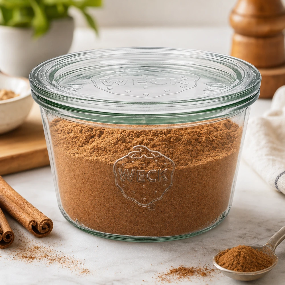 WECK Pot renversé 370ml RR100 rempli de cacao en poudre entouré de bâtons de cannelle pour conserver les épices dans la cuisine