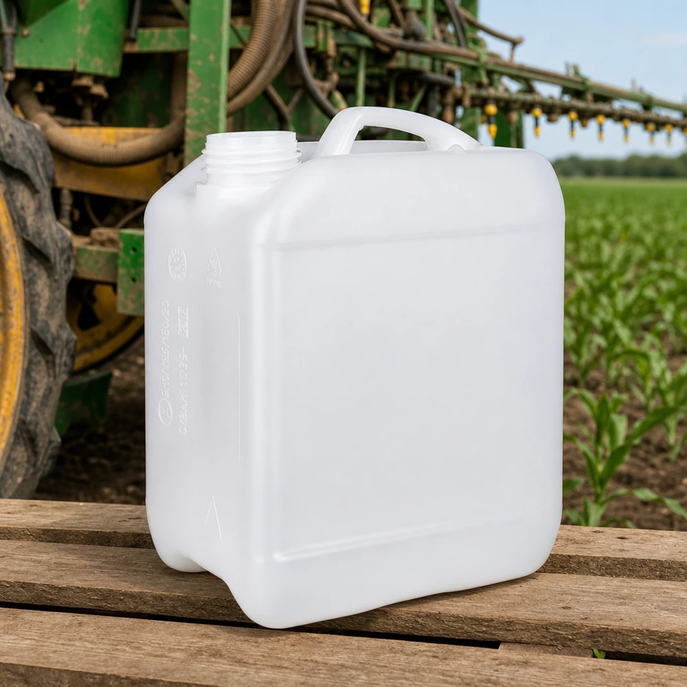 Bidon blanc de 2,5 litres sans bouchon, posé sur une palette en bois devant un pulvérisateur agricole John Deere