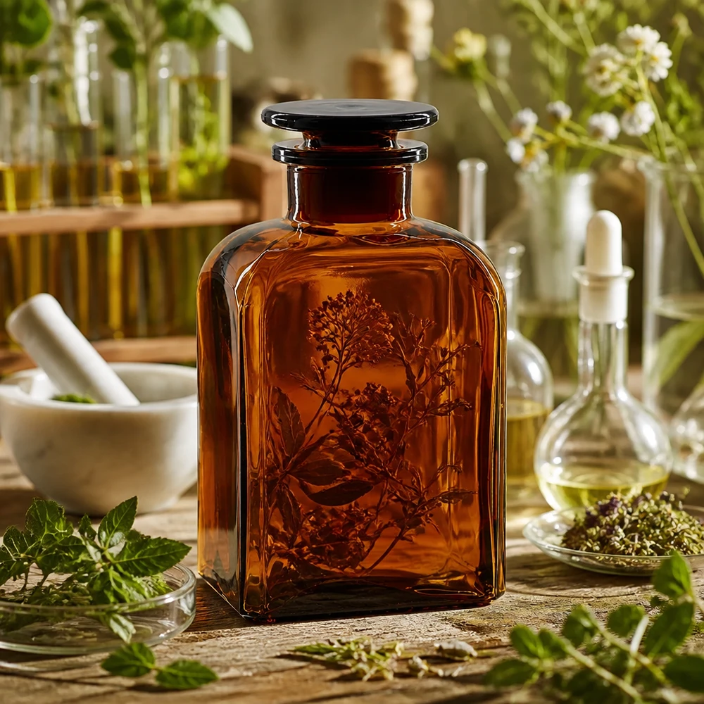 Flacon carré col large 500 ml + bouchon RIN, verre ambré Flacon carré marron de 500 ml à col large et bouchon en verre, destiné aux huiles aux herbes et aux teintures