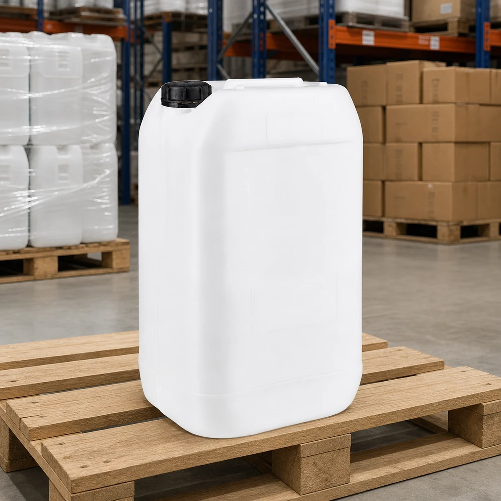 Jerrican de 15 litres avec bouchon à vis Bidon blanc vide de 15 litres sur palette en bois dans un entrepôt, muni d'un bouchon à vis