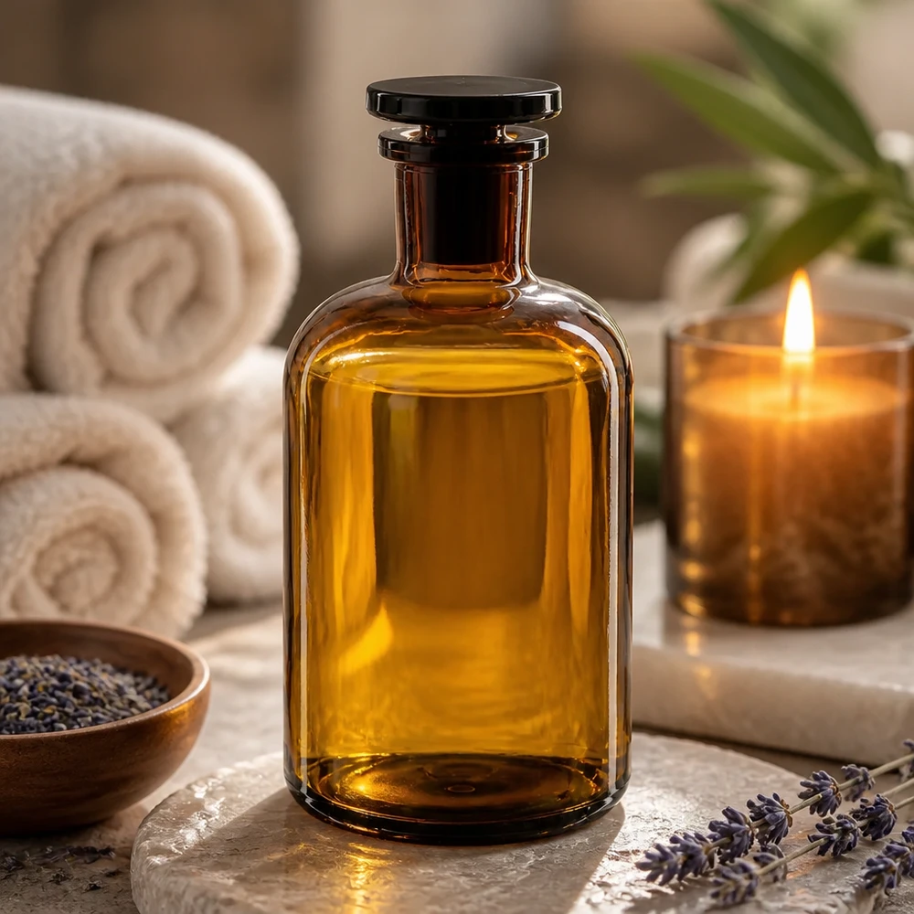 Flacon pharmaceutique 500 ml col étroit en verre ambré + bouchon Spa Ambiente : flacon à épaules arrondies marron, 500 ml, col étroit, bouchon en verre, pour la conservation d'huiles aromatiques
