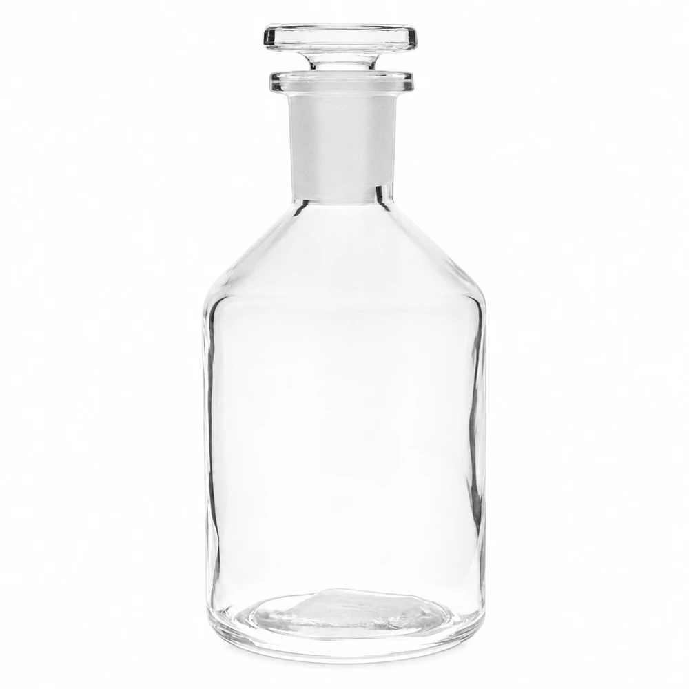 Bouteille transparente à col étroit et à fond bombé de 50 ml, avec bouchon en verre taillé