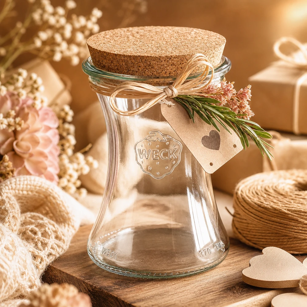 WECK Pot à délicatesse 370ml RR80 avec couvercle en liège comme emballage cadeau avec ruban et pendentif en forme de cœur