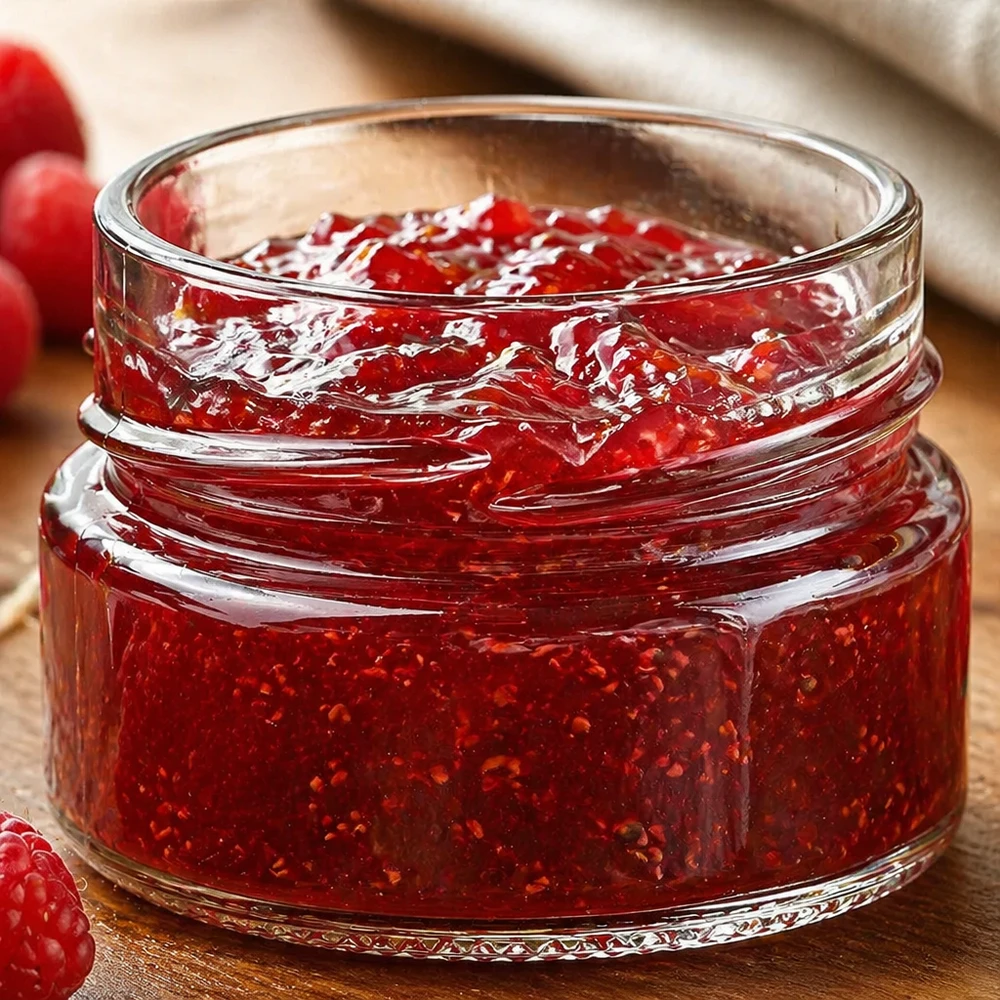 80ml Verre rond sans couvercle (TO58deep) UNiTWIST UNiTWIST Runda80 Verre rond 80ml TO58deep rempli de confiture rouge sur fond bois avec baies