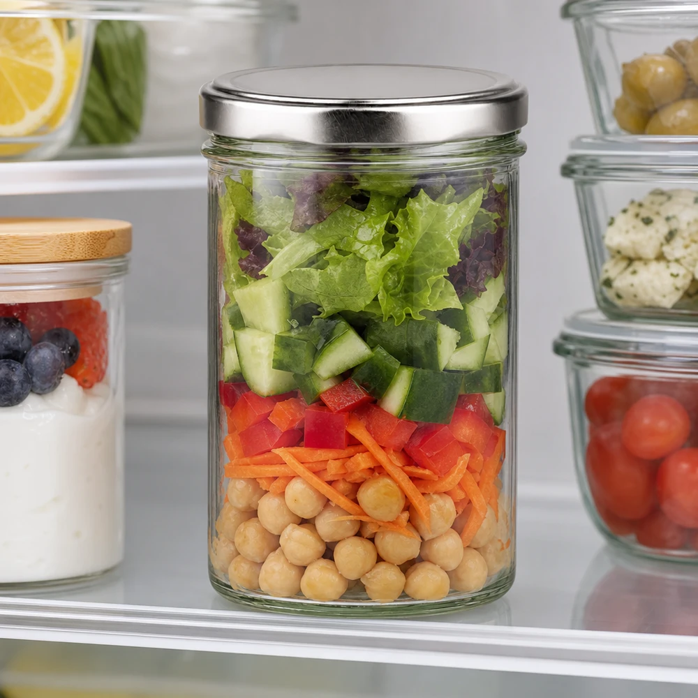435ml pot renversé avec couvercle BasicSeal argenté rempli de salade en couches dans le réfrigérateur - Meal Prep pot de conservation