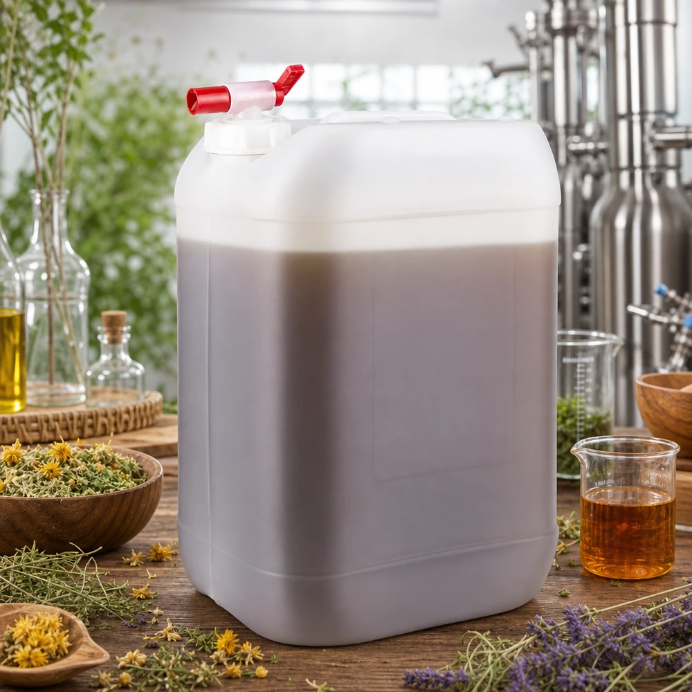 Bidon gris clair de 25 litres muni d'un robinet rouge, rempli d'extrait végétal, posé sur une table en bois