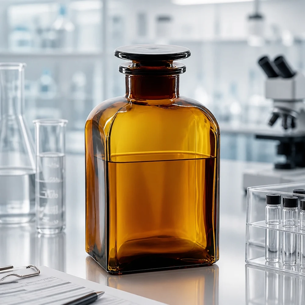 Flacon opac若 500 ml, marron, en verre borosilicaté, à col large et bouchon plat en verre
