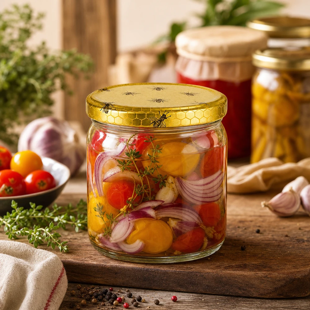Bocal rond de 408 ml avec couvercle BasicSeal en nid d'abeille rempli de tomates et d'oignons marinés dans une cuisine rustique