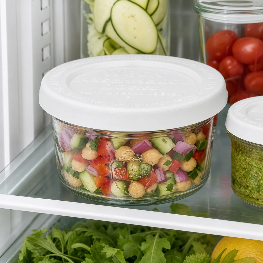 50ml bocal conique avec couvercle fraîcheur WECK RR60 WECK Pot renversé de 50 ml RR60 avec salade colorée dans le réfrigérateur entre les ingrédients frais pour une conservation pratique de Meal Prep