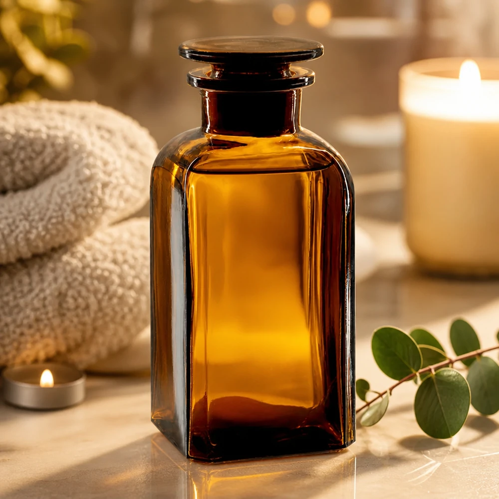 Flacon carré col large 350 ml + bouchon RIN, verre ambré Flacon carré de 350 ml couleur ambre avec bouchon en verre, dans une ambiance spa détendue avec des bougies