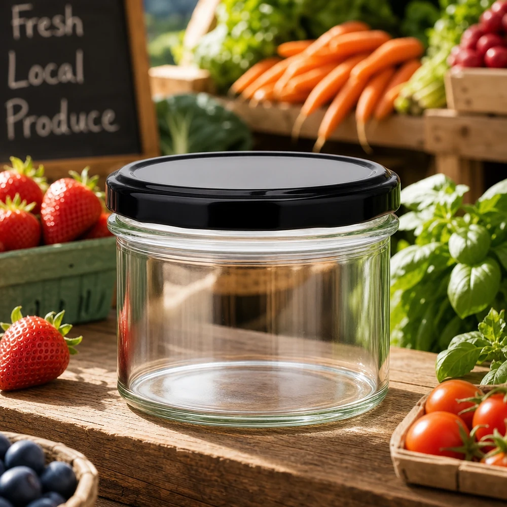 Bocal vide de 225 ml avec couvercle noir dans un environnement naturel parmi des fruits et légumes frais.
