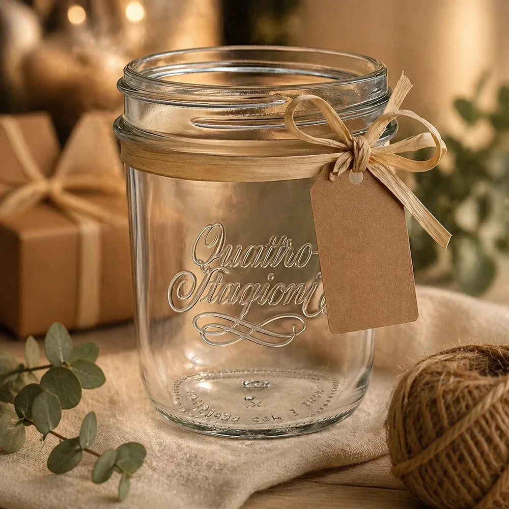 Pot de 320 ml Quattro Stagioni avec ruban et étiquette cadeau pour décorer une table en bois rustique