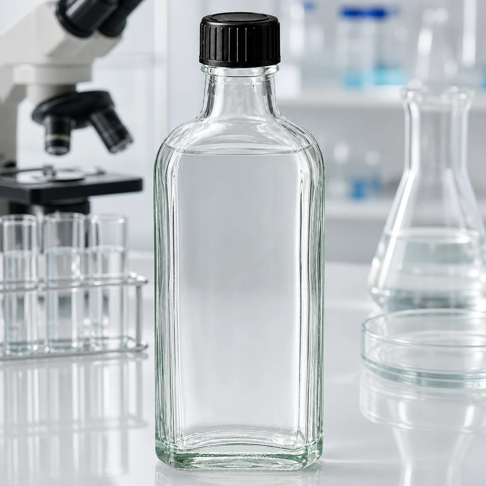 Flasque transparente de 100 ml au goulot DIN 22, avec bouchon à vis DIN 22 noir et joint LKD Flacon en verre à fond plat de 100 ml, transparent, muni d'un bouchon en plastique noir, destiné à un usage en laboratoire