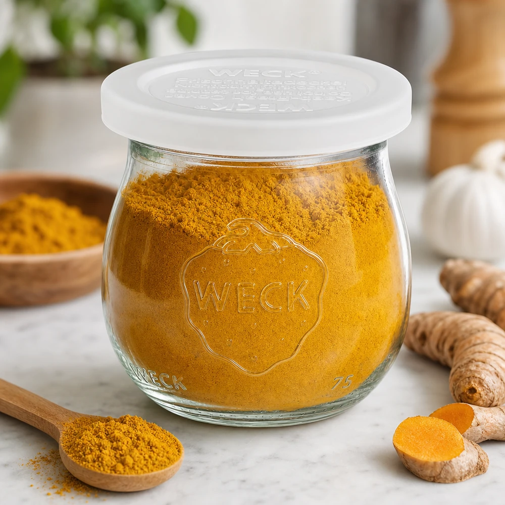 WECK Pot tulipe 75ml RR40 rempli de poudre de curcuma à côté de racines de curcuma fraîches et cuillère en bois sur marbre