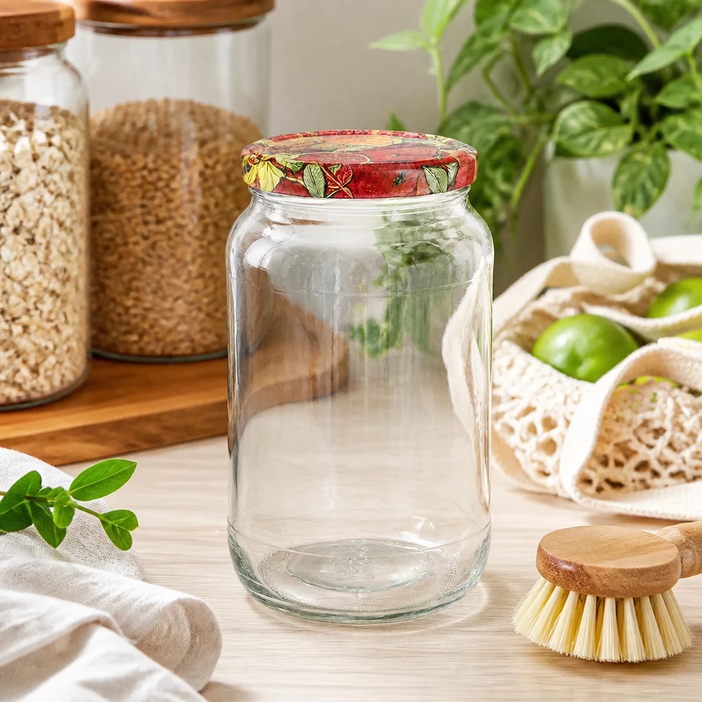 1062ml Verre rond avec couvercle BasicSeal décor fruits UNiTWIST 1062ml Bocal rond BasicSeal Couvercle Décor Fruits Cuisine durable Zero Waste Conservation Céréales Légumes Brosse en bois