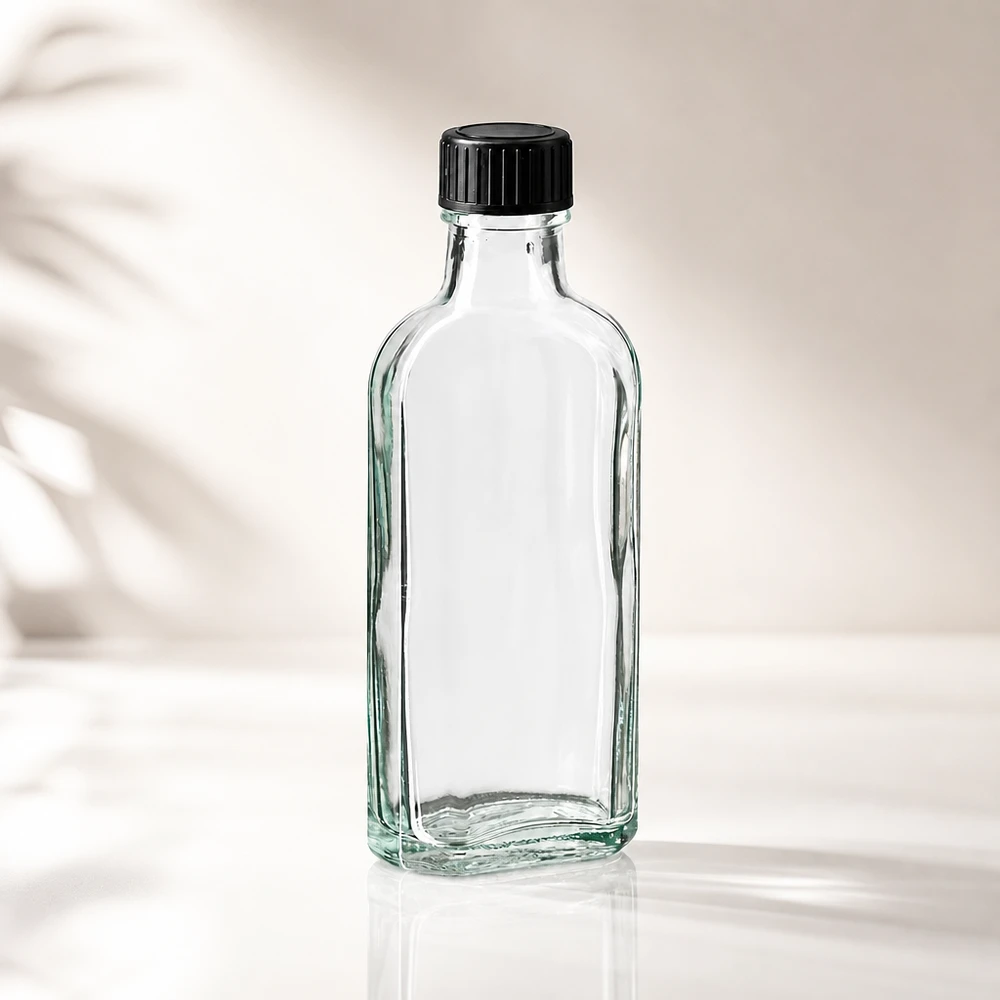 Flasque transparente de 100 ml au goulot DIN 22, avec bouchon à vis DIN 22 noir et joint PEE Bouteille Meplat transparente vide de 100 ml, vue de face, avec bouchon à vis noir et rondelle d'étanchéité en EPE