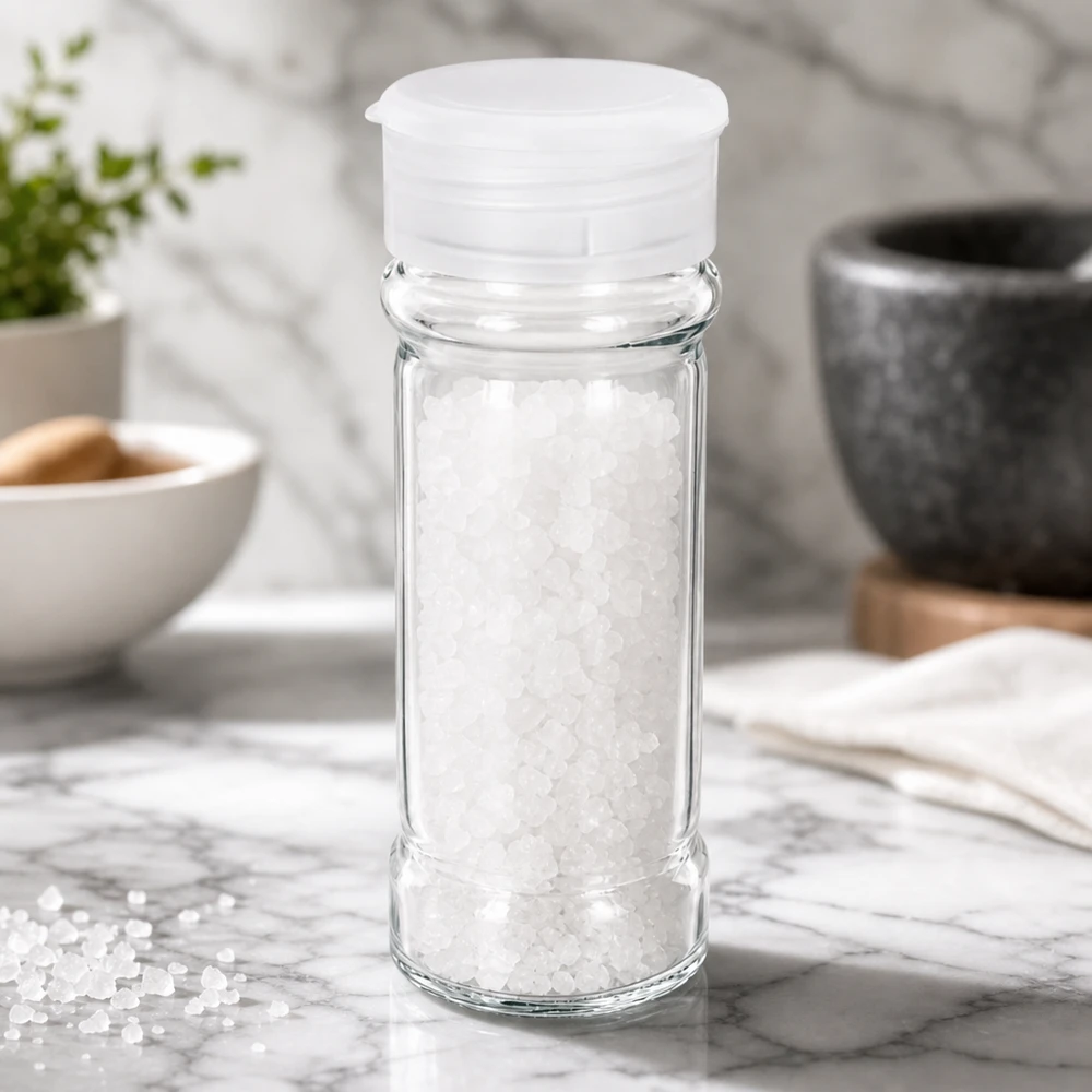 Pot à sel/épices 100 ml avec saupoudreuse, blanc Pot à sel rond de 100 ml avec bouchon saupoudreur blanc, rempli de gros sel marin, posé sur un socle en marbre