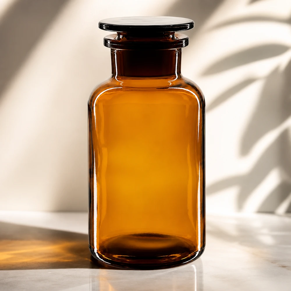 Flacon pharmaceutique 500 ml col large + bouchon verre ambré Flacon opacifiante de 500 ml, marron, à col large et muni d'un bouchon en verre hermétique