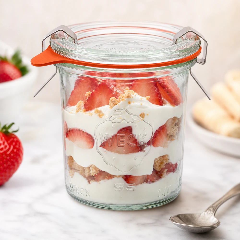 WECK Pot renversé 140ml RR60 avec dessert à la fraise et à la crème rempli comme pot à portions avec des fraises fraîches et des miettes de biscuits