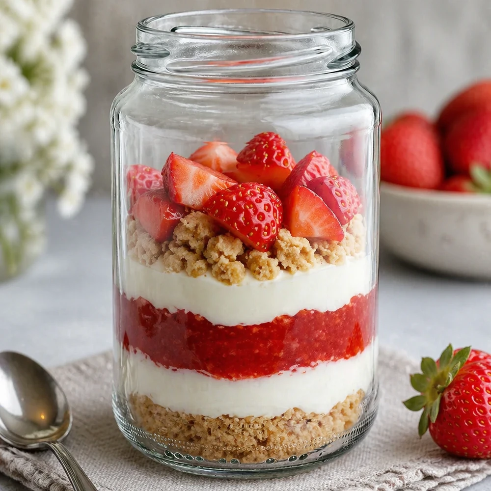 375ml Verre rond sans couvercle (TO63) UNiTWIST UNiTWIST Runda375 Verre rond 375ml comme verre à dessert avec dessert stratifié fraises crème et crumble servi de manière décorative