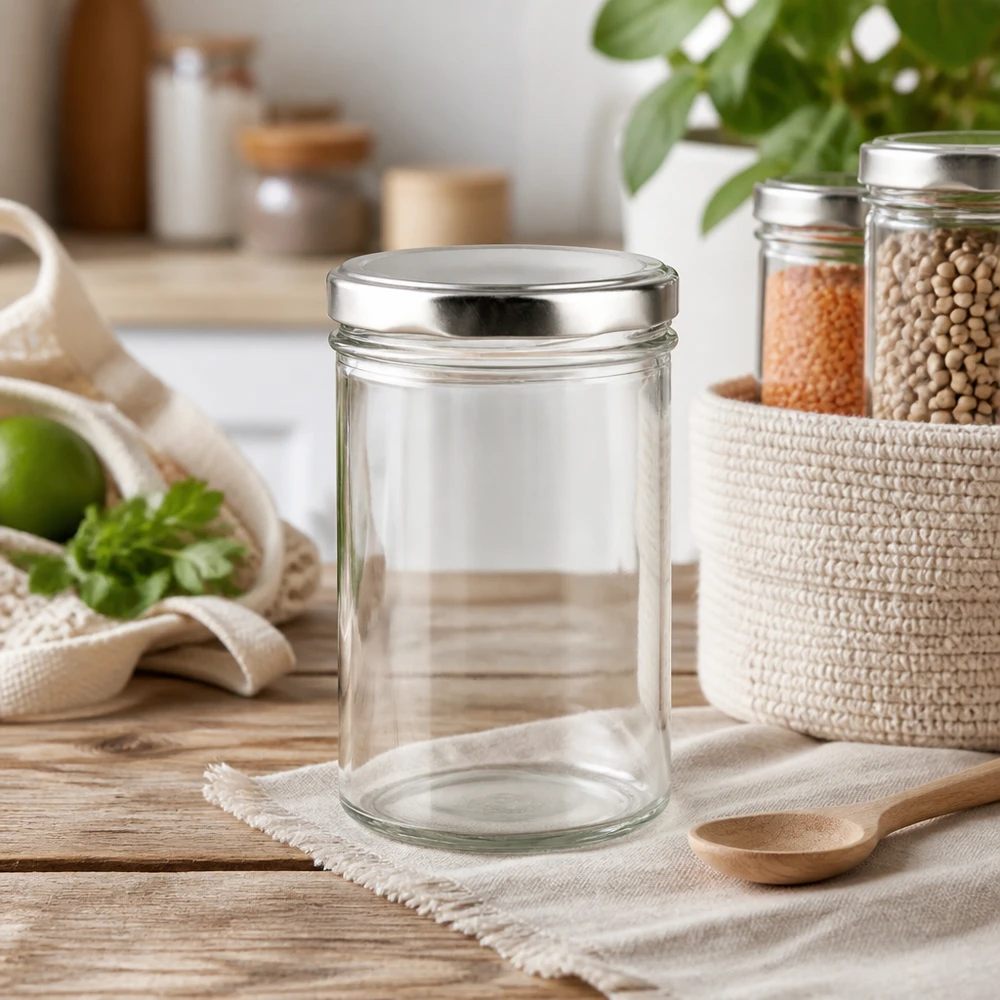 Verre renversé de 435 ml avec couvercle argenté dans un environnement de cuisine naturel avec panier et bocaux à provisions de légumineuses