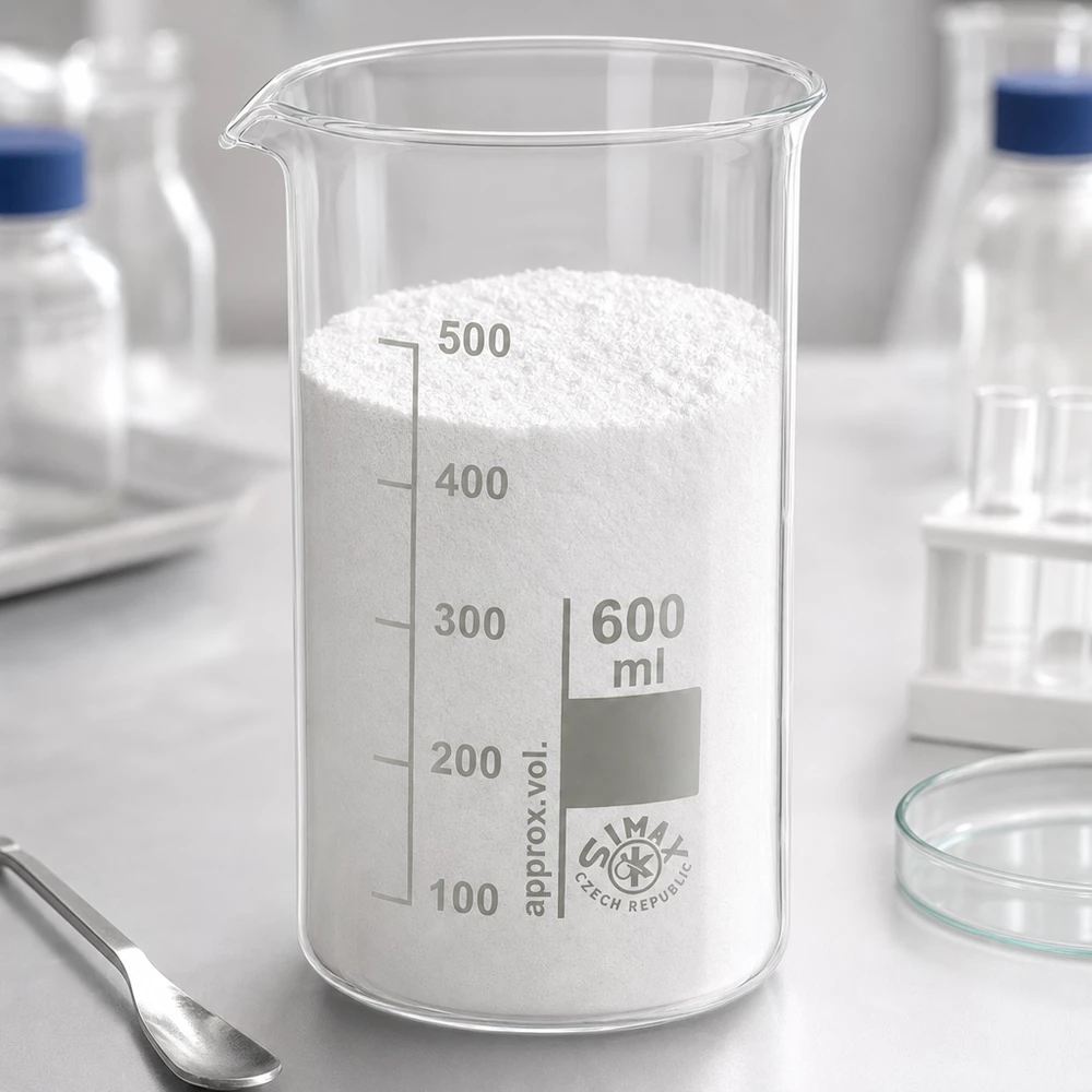 Bécher 600ml en verre borosilicate résistant à la chaleur (forme haute) Bécher de 600 ml, de forme haute, rempli de poudre blanche, posé sur une paillasse de laboratoire avec des ustensiles de laboratoire