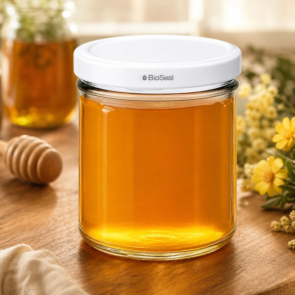 167ml Verre conique avec couvercle BioSeal blanc UNiTWIST UNiTWIST Pot de conservation 167ml rempli de miel Pot de miel en bois Conservation d'aliments naturels