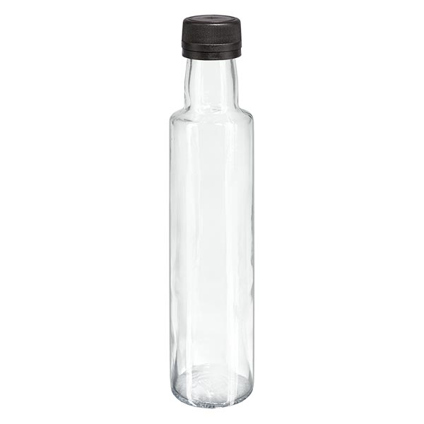 Bouteille à liqueur 250 ml ronde, transparente + capsule à vis noire (PP 31,5 mm), bague anti-gouttes et système d'inviolabilité