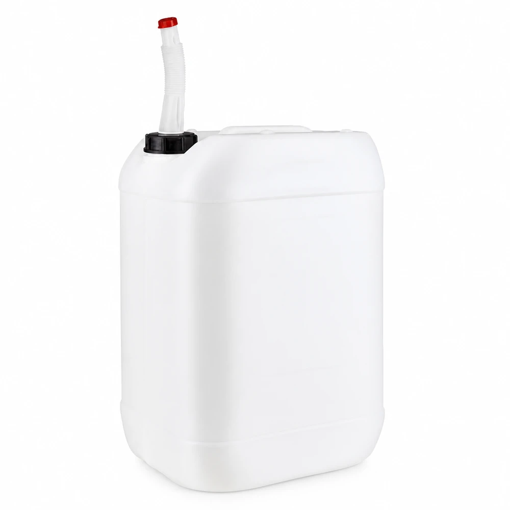 Bidon en plastique blanc de 25 litres, muni d'un bec verseur flexible et d'un bouchon rouge