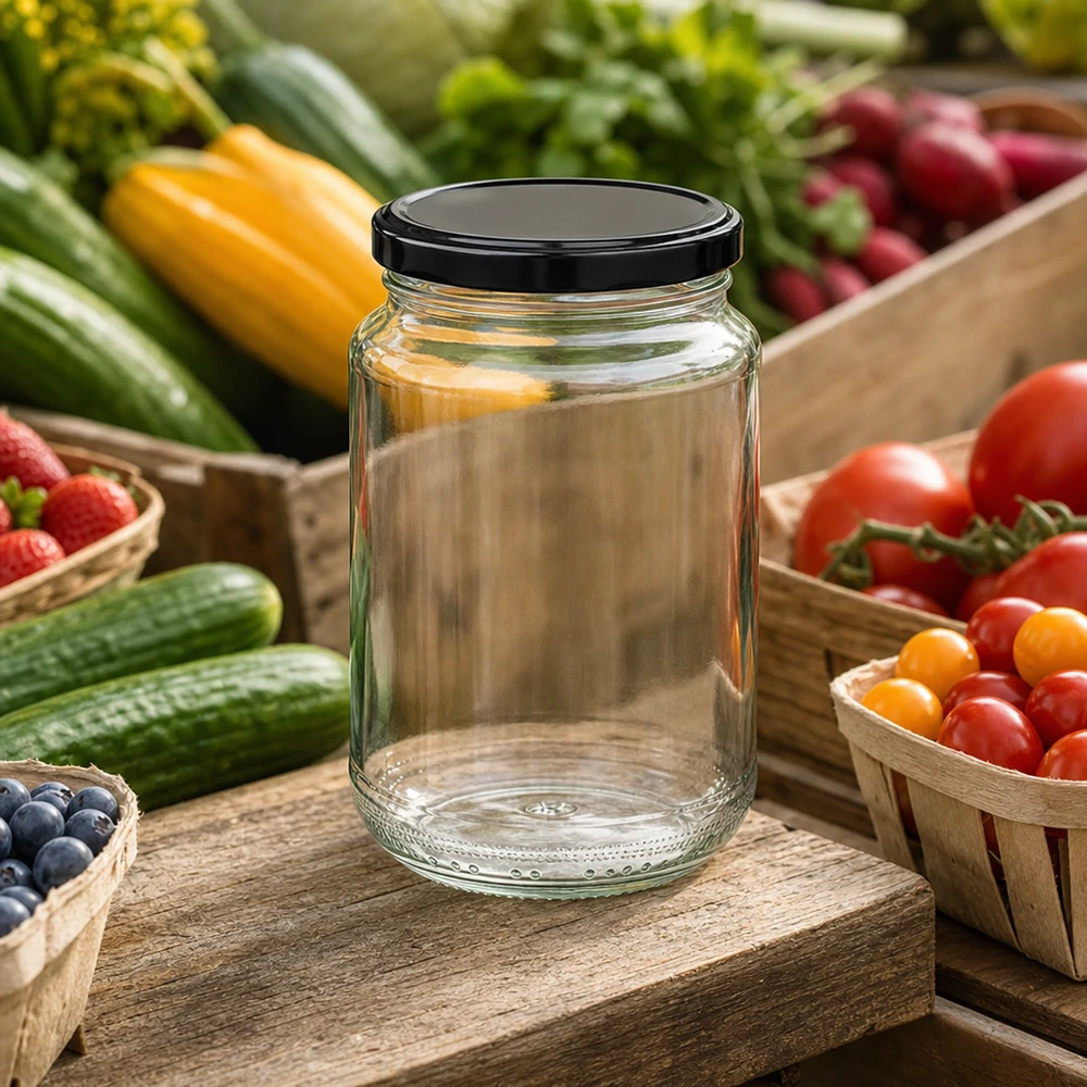 375ml Verre rond avec couvercle BasicSeal noir UNiTWIST 375ml bocal rond vide avec couvercle BasicSeal noir entre des légumes frais montre une utilisation polyvalente comme bocal de conservation