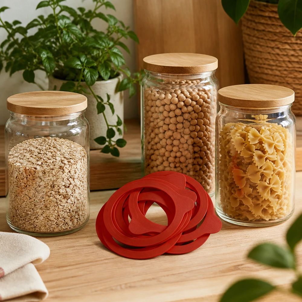 Anneau de mise en conserve en caoutchouc naturel RR100 Anneaux de mise en conserve rouges RR100 Caoutchouc naturel devant les bocaux de stockage avec des pâtes Légumes secs Flocons d'avoine Décoration de cuisine
