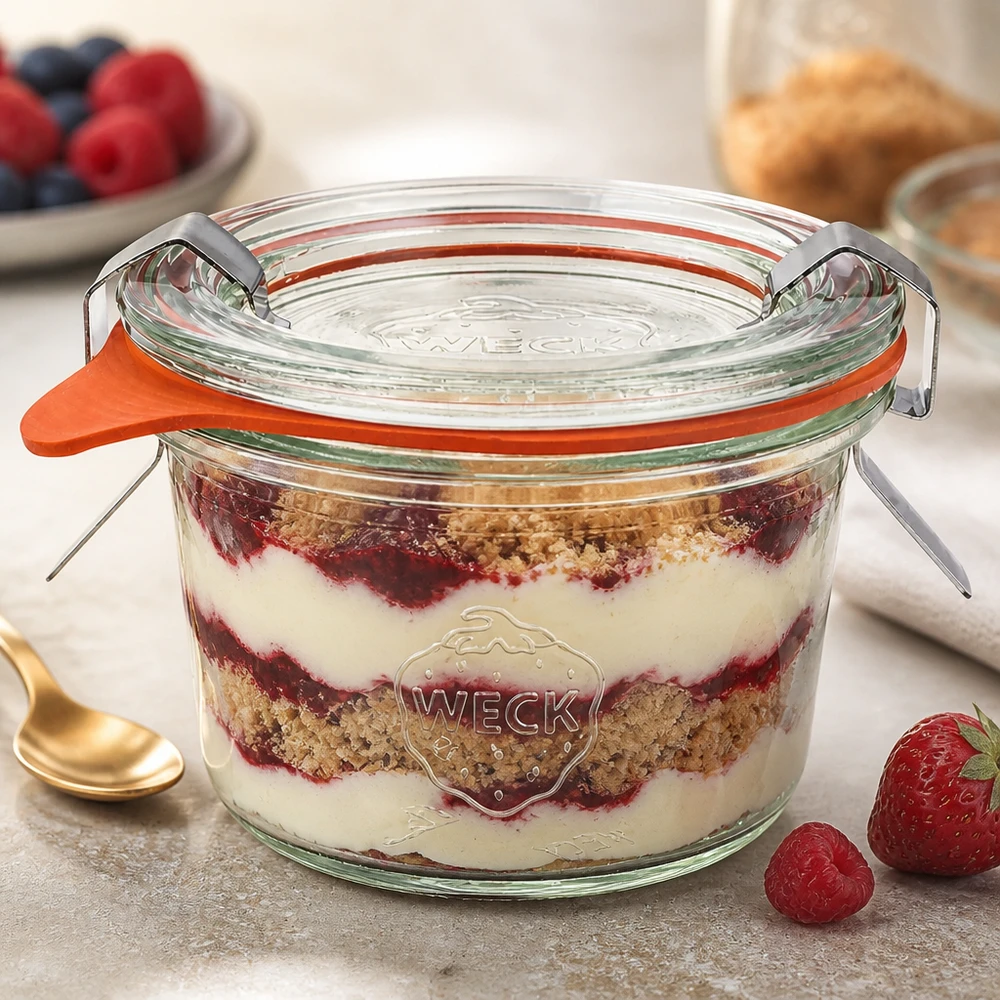 WECK Pot renversé 80ml RR60 avec dessert stratifié Tiramisu montre une utilisation polyvalente pour les desserts et le portionnement
