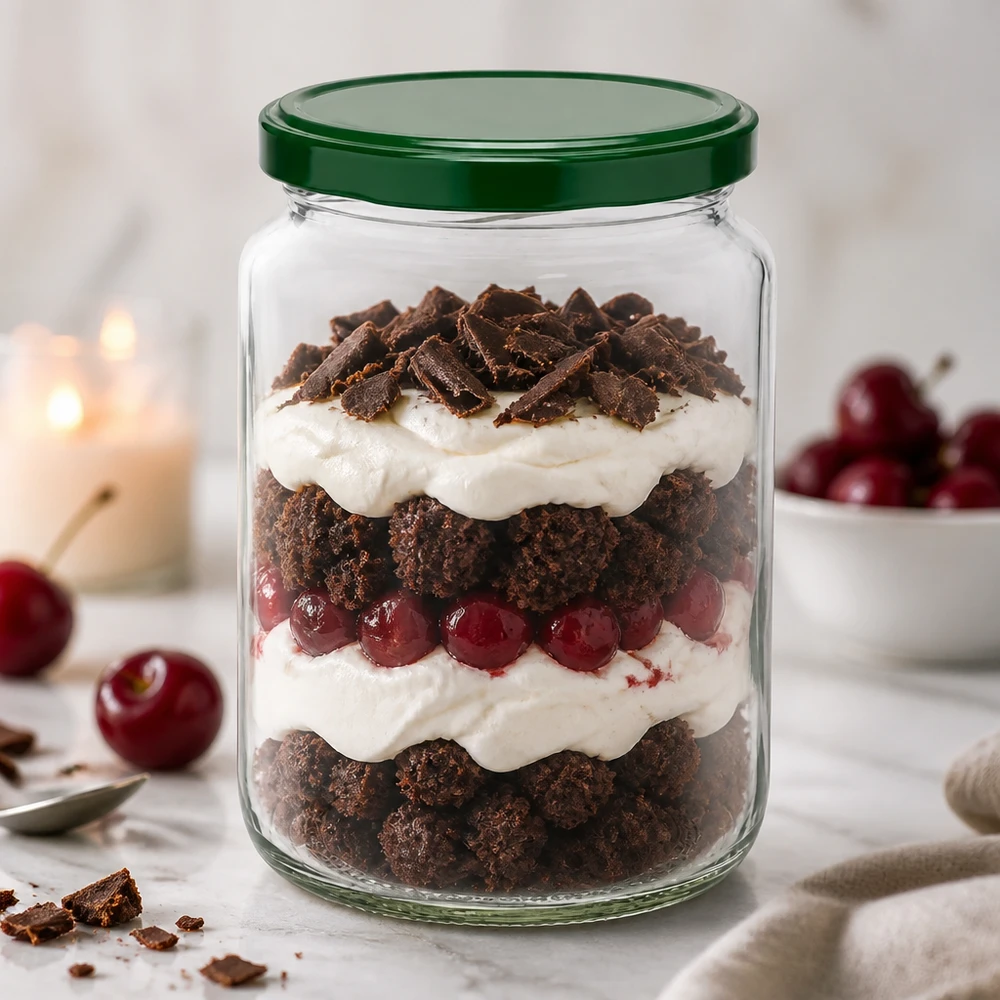 Verre rond UNiTWIST de 795 ml avec couvercle vert BasicSeal rempli d'un dessert stratifié au chocolat, à la crème et aux cerises