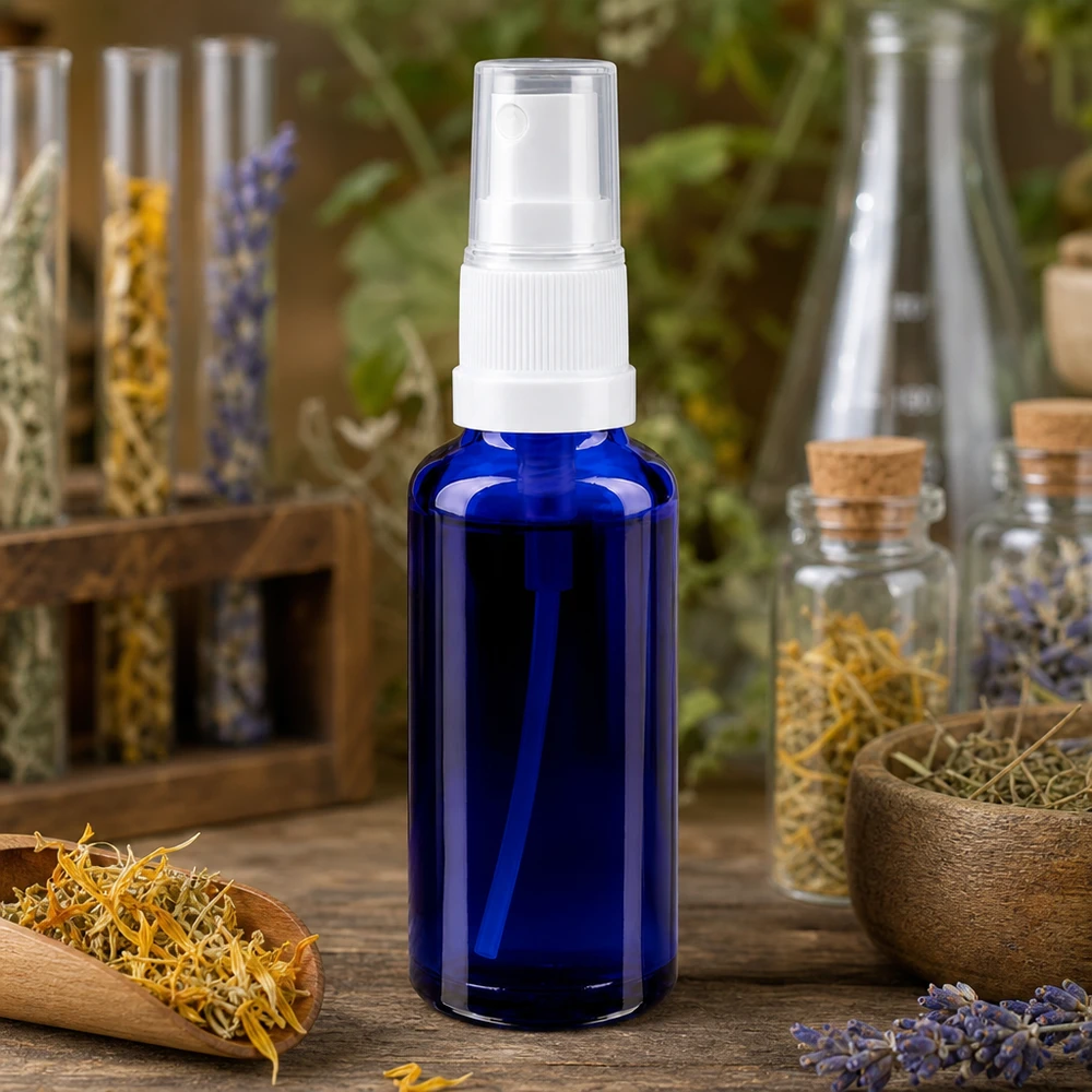 Flacon de pharmacie bleu 30ml embout spray blanc Flacon en verre d'apothicaire bleu de 30 ml muni d'un vaporisateur, posé entre des herbes médicinales séchées, un bol en bois et des récipients en verre