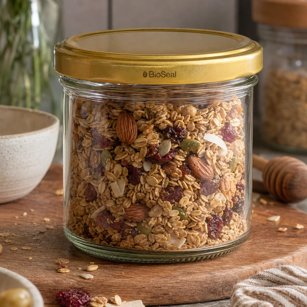 125ml Verre conique avec couvercle BioSeal or UNiTWIST UNiTWIST 125ml Vorratsglas mit Müsli und Nüssen - goldener TO66 Deckel für luftdichte Aufbewahrung von Granola